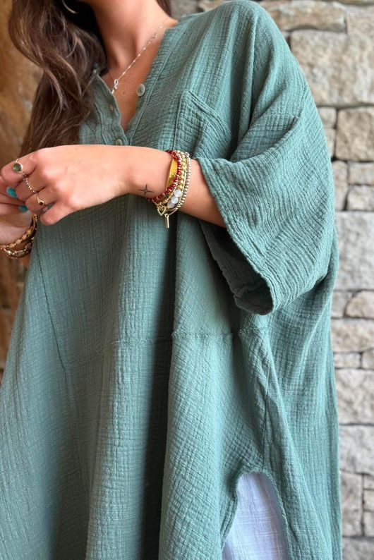 Tasha Cushion Cotton Oversized Shirt Tunic Khaki